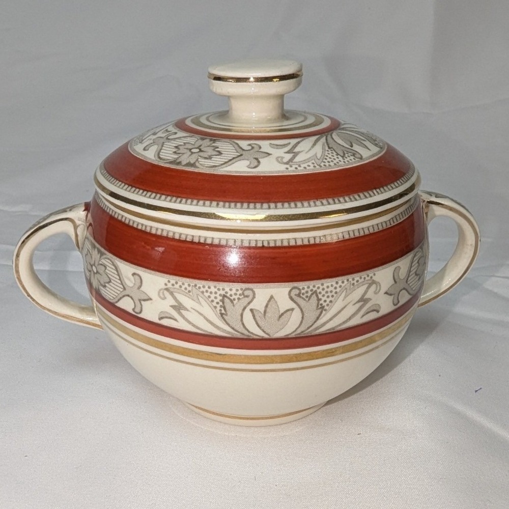 Tams Ware Sugar Bowl Rust Red Floral Gold Trim Vintage England 2250